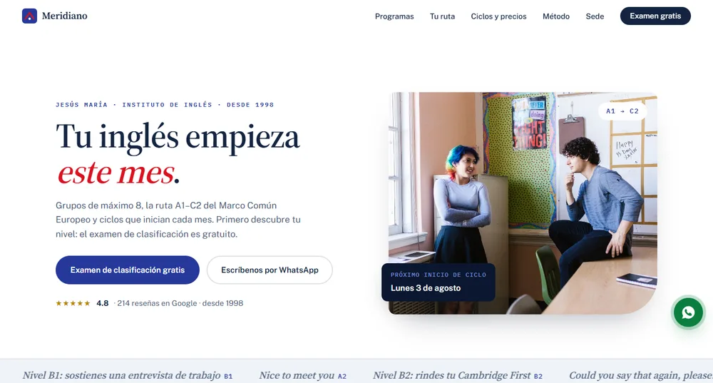 Sitio web de Meridiano Instituto de Inglés